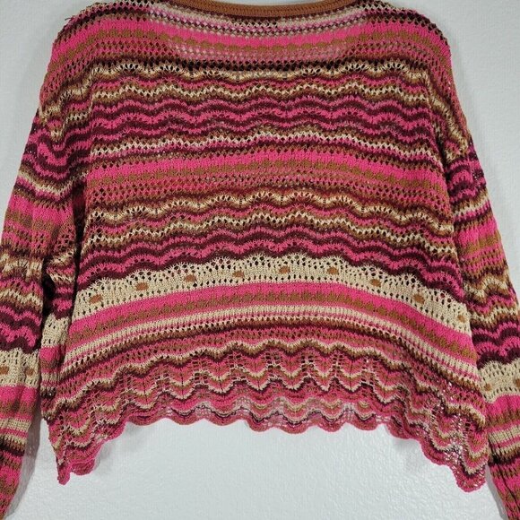 Zara Cropped Knit Sweater Women Size Large Pink Stripes Scallop Hem Boho Hippie - Picture 8 of 11